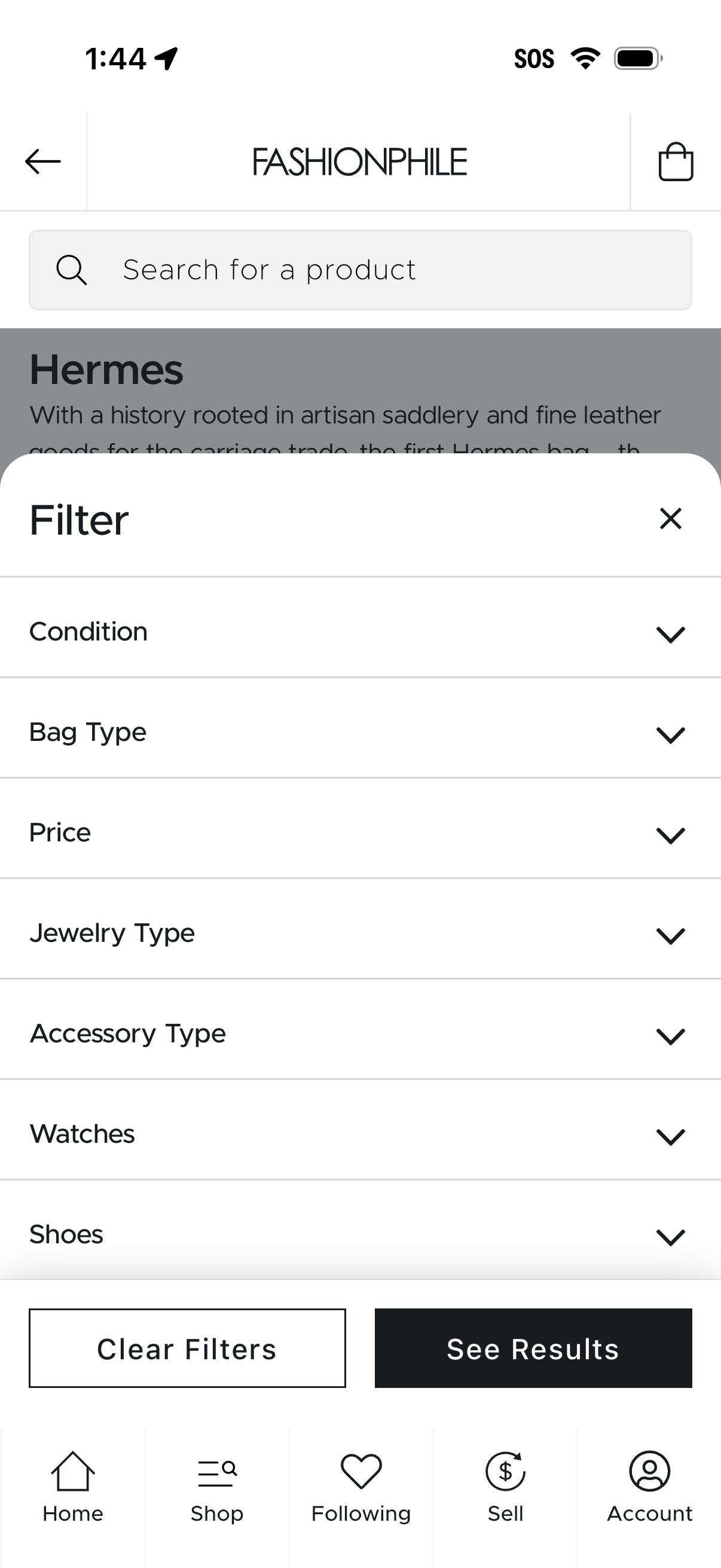 fashionphile search screenshot